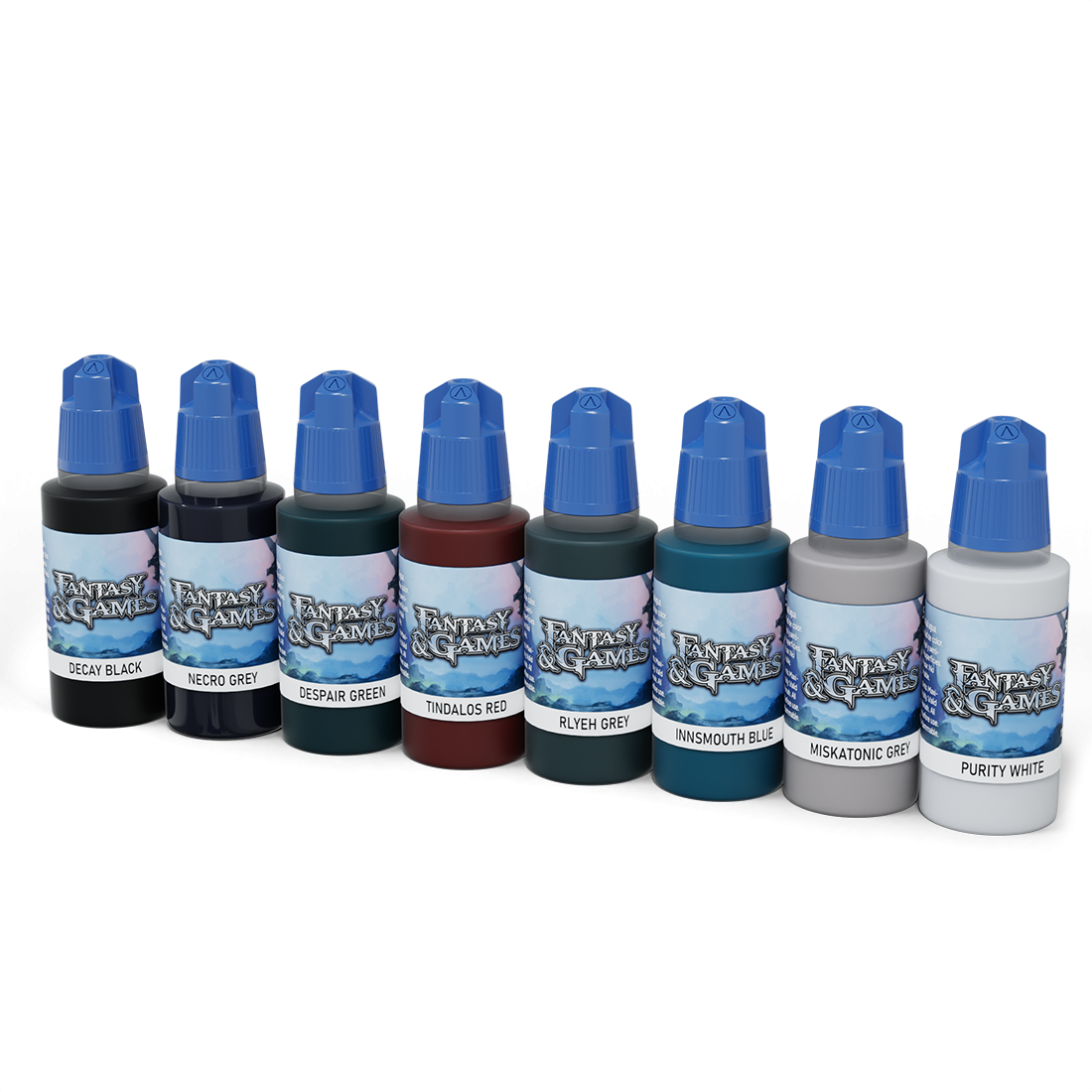 Eight paint bottles from the Shades Of Doom Paint Set are lined up, featuring various dark and neutral colors like black, grey, green, red, and blue, all with blue caps