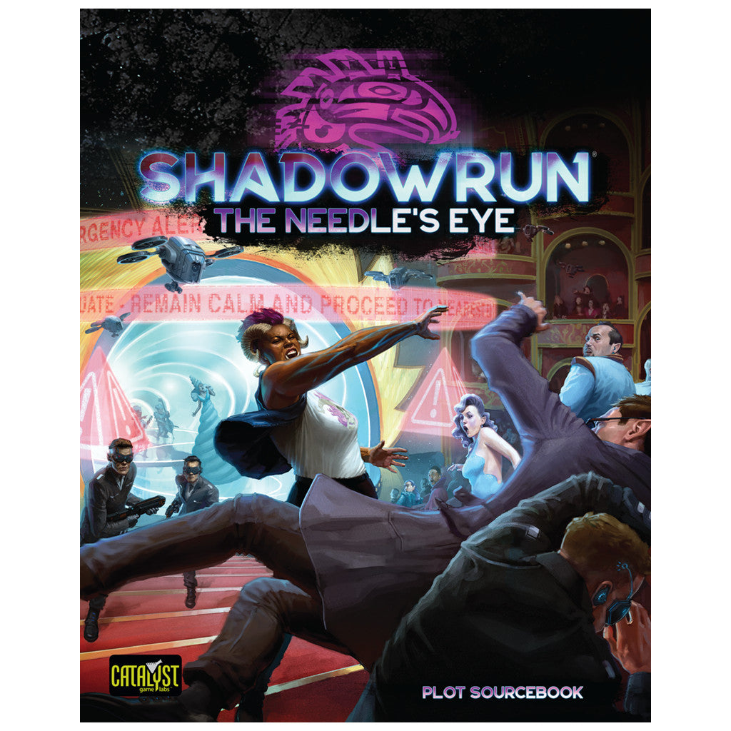 Shadowrun The Needle&#39;s Eye Plot Sourcebook cover featuring characters fleeing chaos neon signs and futuristic drones in a cyberpunk city setting