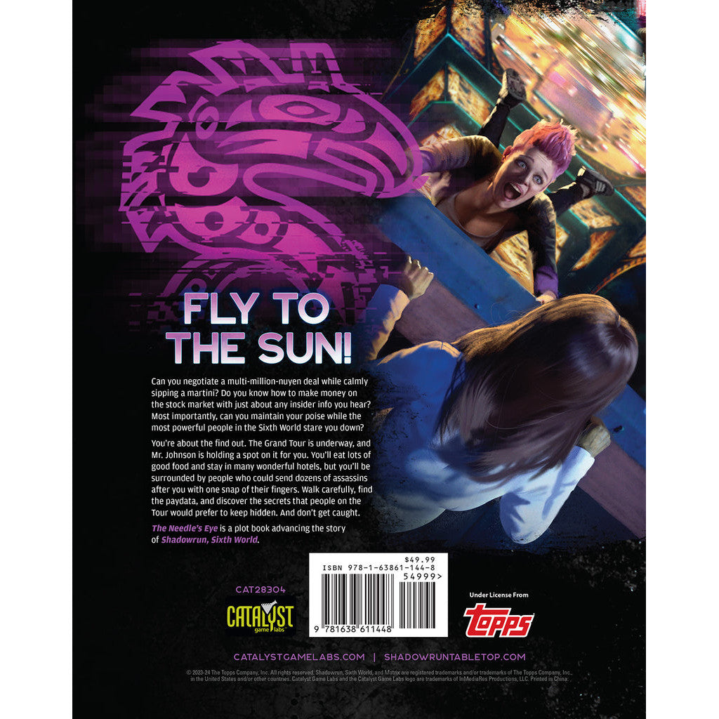 Shadowrun The Needle&#39;s Eye RPG adventure book cover featuring a stylized purple tribal bird head and two people in a dynamic action pose