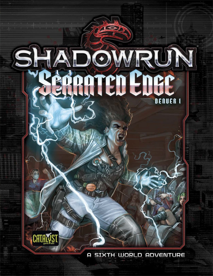 Shadowrun Serrated Edge cover: A fierce elven mage unleashes lightning magic from glowing hands, screaming.