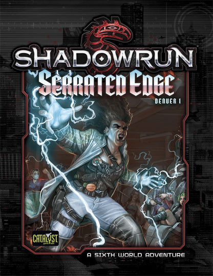 Shadowrun Serrated Edge cover: A fierce elven mage unleashes lightning magic from glowing hands, screaming.