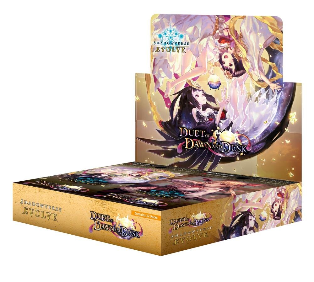 Shadowverse Evolve: Duet of Dawn and Dusk TCG booster box. Golden packaging shows two floating female characters