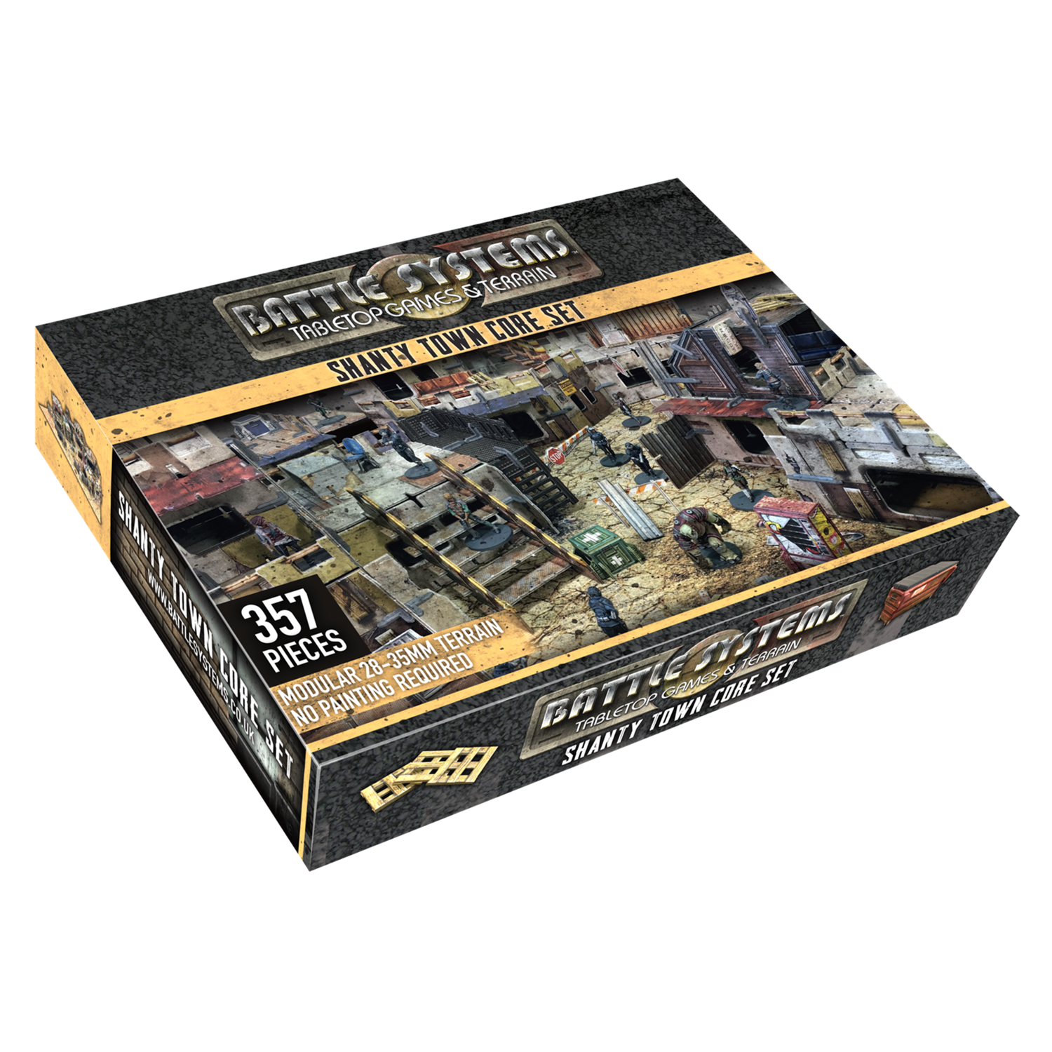 A Battle Systems Shanty Town Core Set box, displaying modular tabletop terrain of a dilapidated urban scene with miniatures.