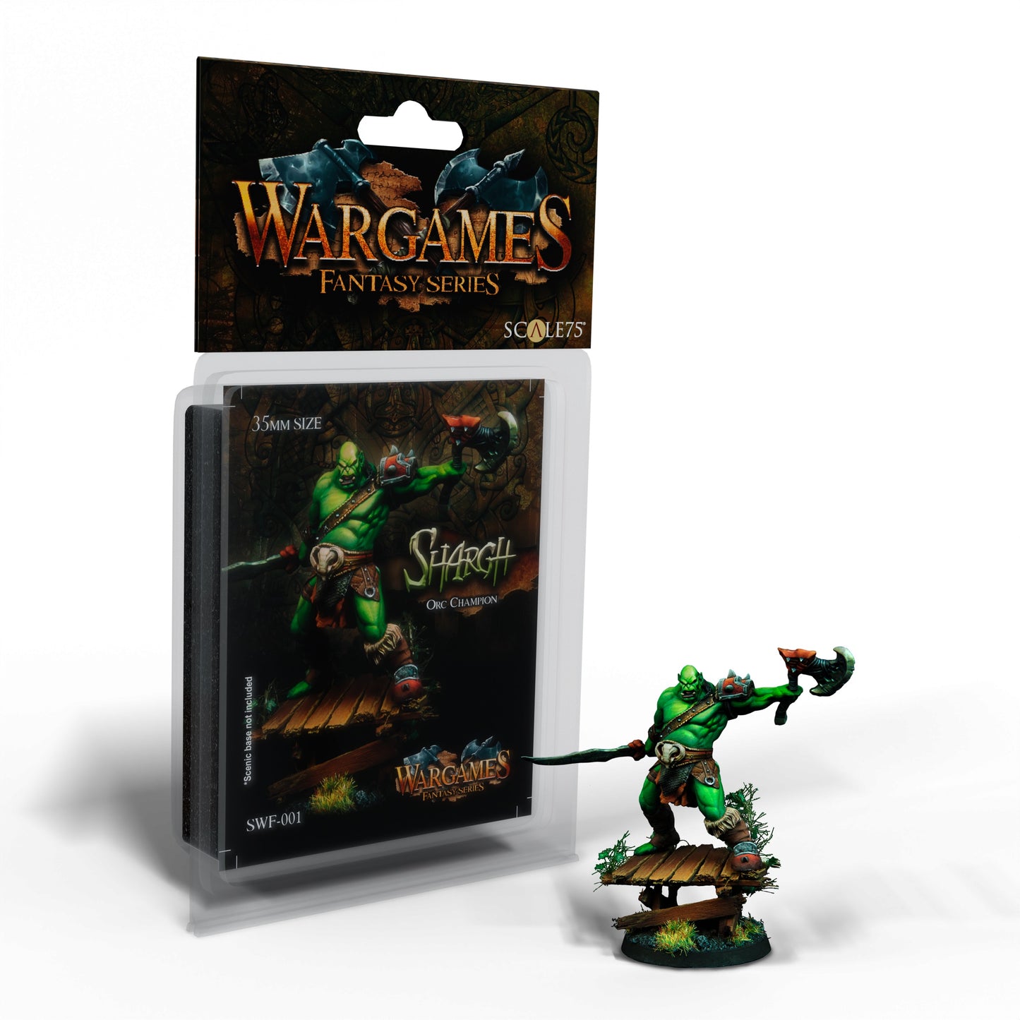 A painted green orc miniature, "Shargh the Orc Champion," wielding a large axe, stands beside its "Wargames Fantasy Series" blister pack.