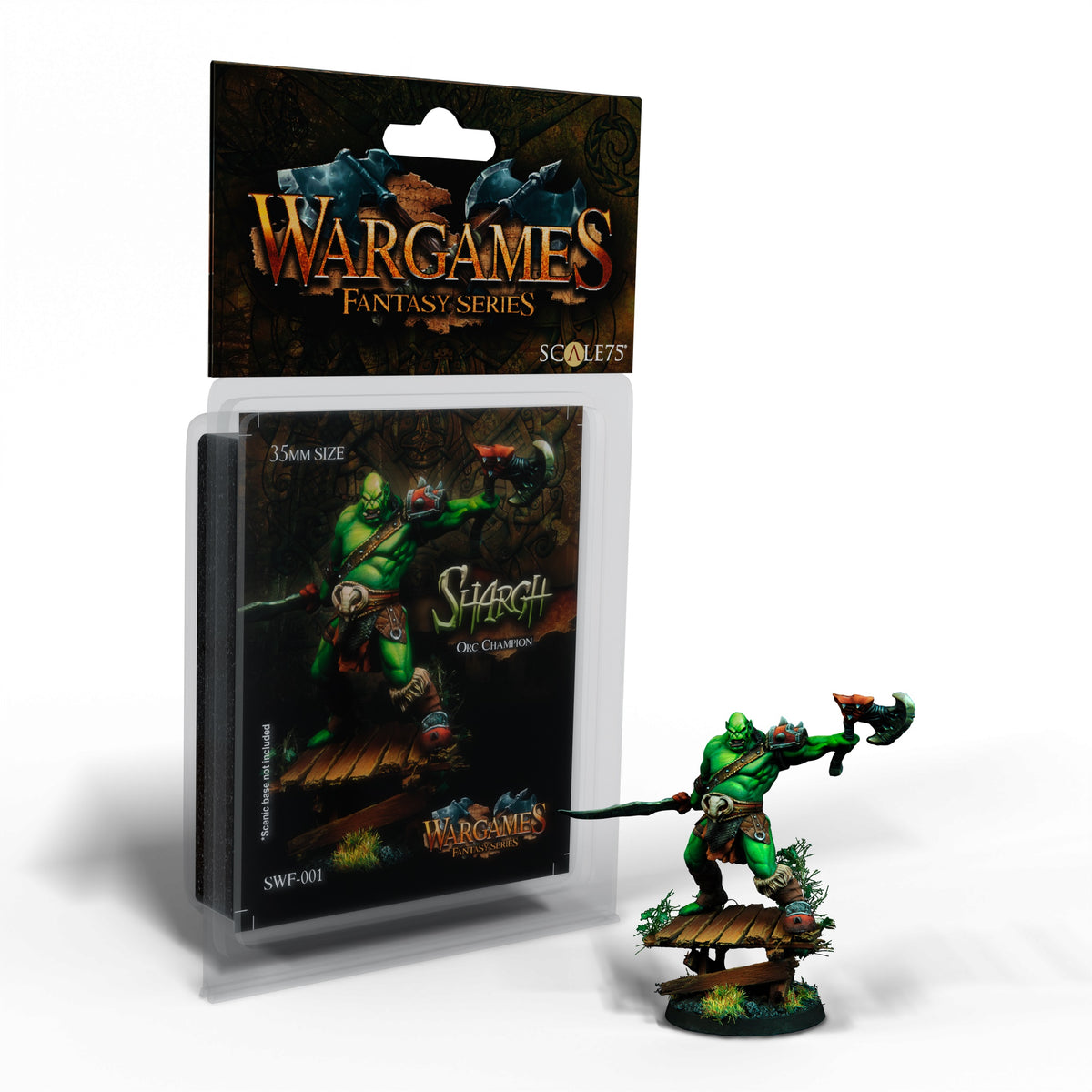 A painted green orc miniature, &quot;Shargh the Orc Champion,&quot; wielding a large axe, stands beside its &quot;Wargames Fantasy Series&quot; blister pack.
