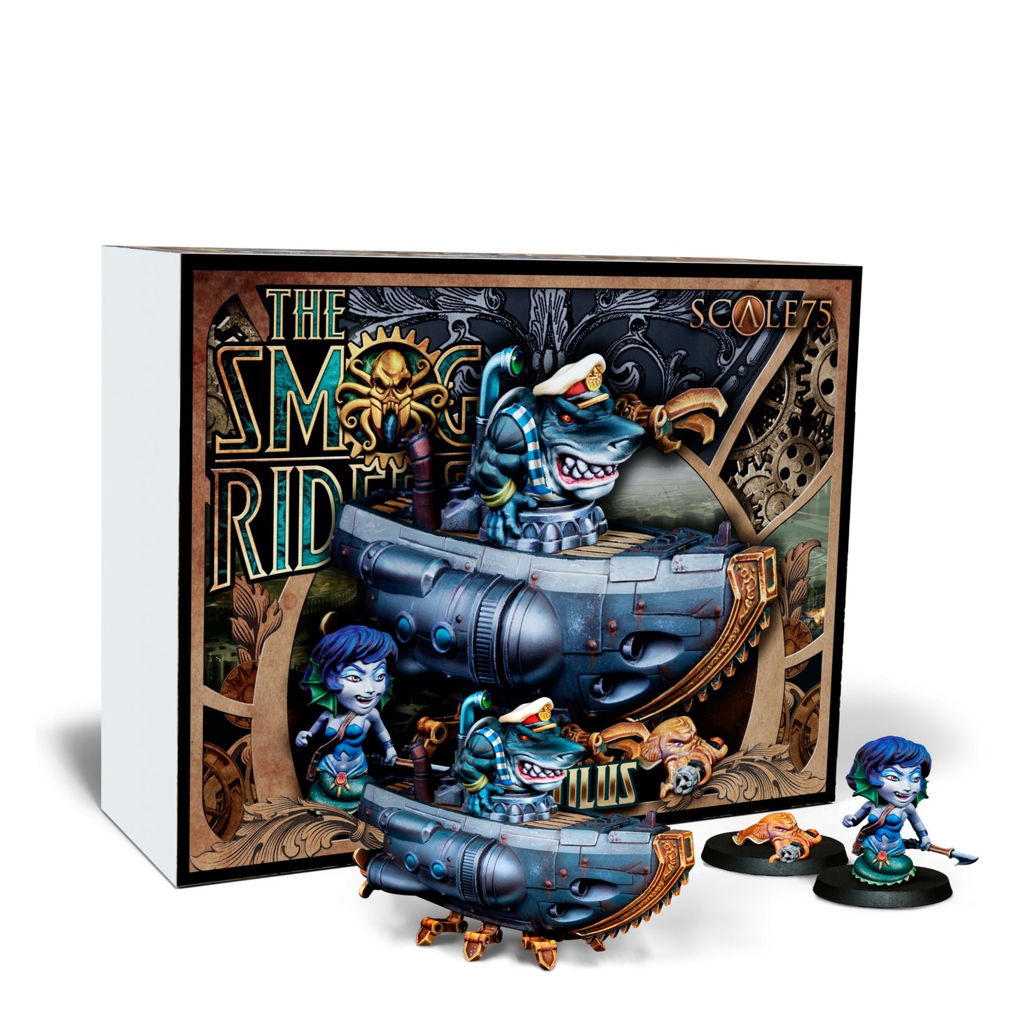 Scale75 miniature set featuring a shark captain in a steampunk submarine, a mermaid, and a kraken, with its display box.