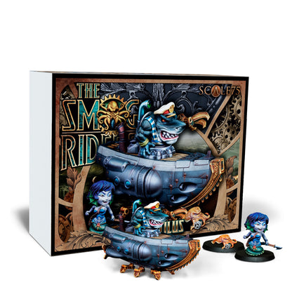 Scale75 miniature set featuring a shark captain in a steampunk submarine, a mermaid, and a kraken, with its display box.