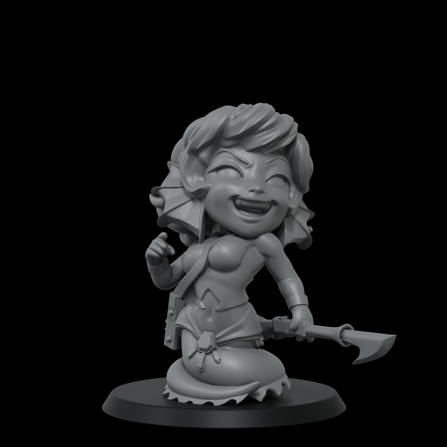 Mischievous grey chibi Naga figurine, grinning widely, pointing with one hand and holding an axe.