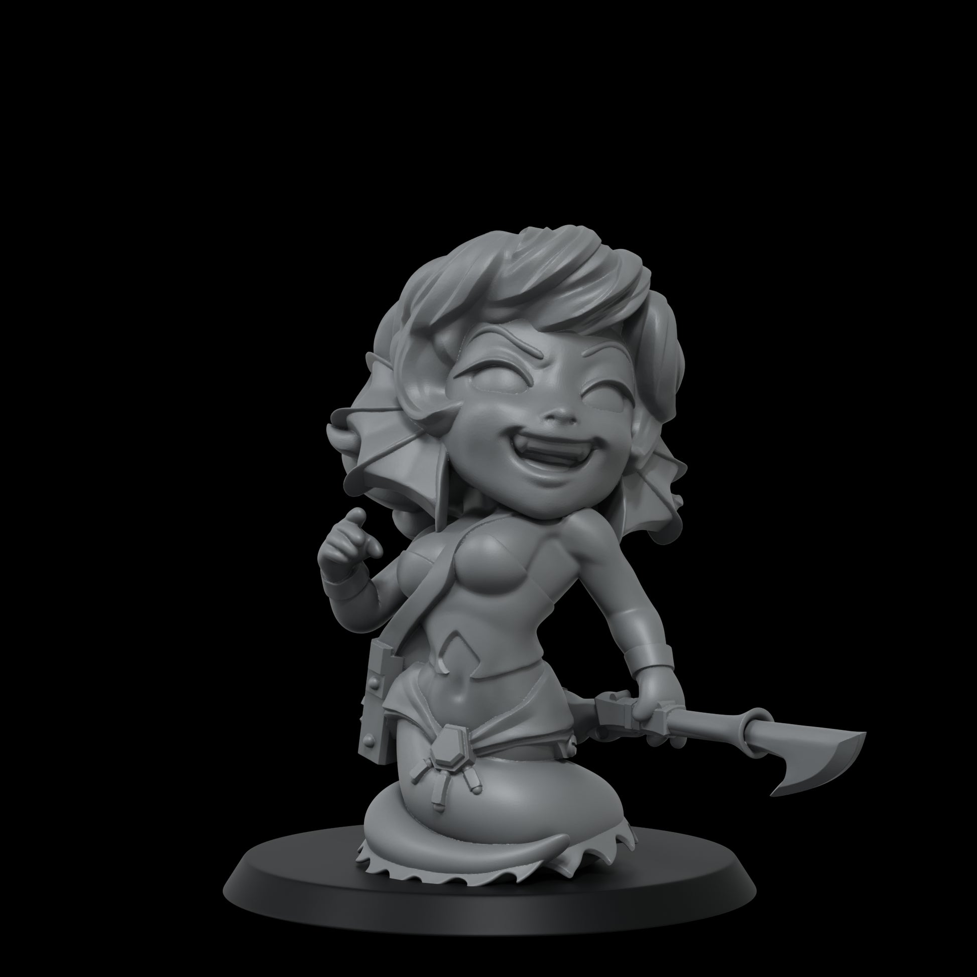 Mischievous grey chibi Naga figurine, grinning widely, pointing with one hand and holding an axe.