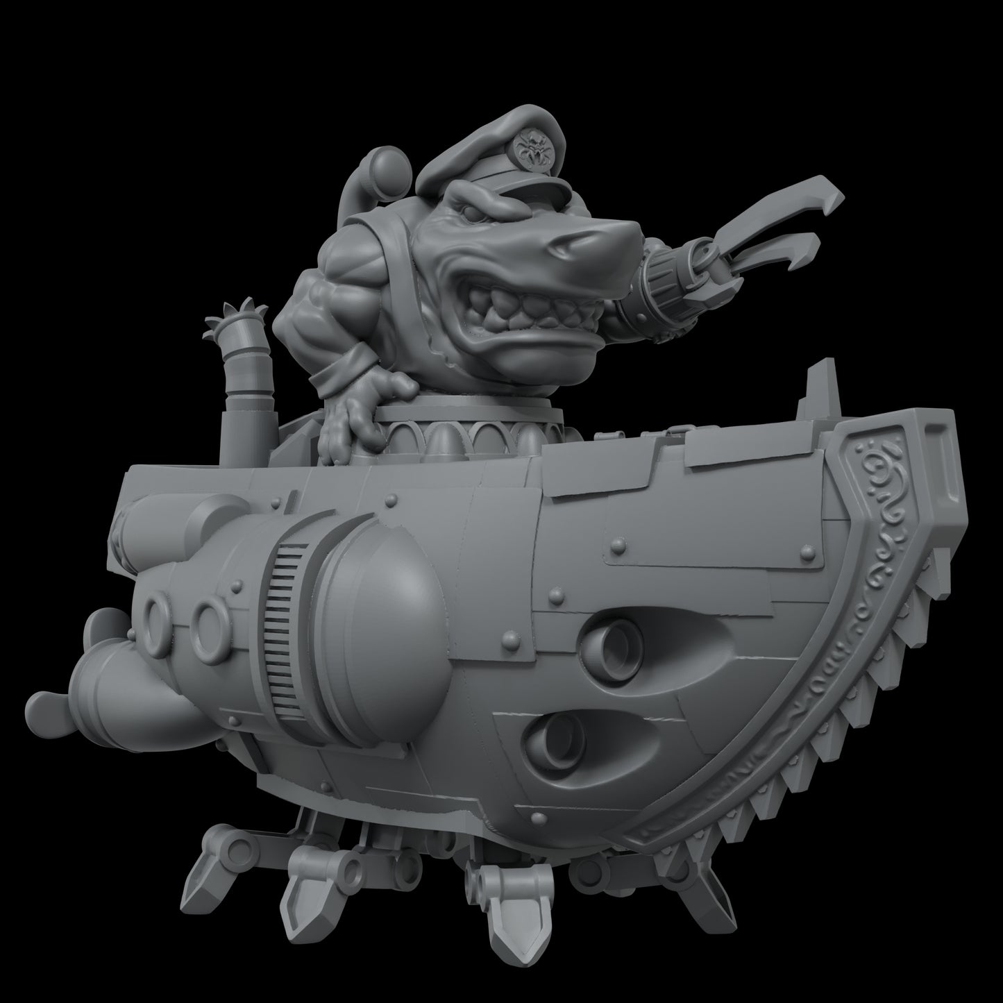 A gray 3D model of a muscular shark creature in a captain's cap, piloting a saw-blade submarine, raising a claw.