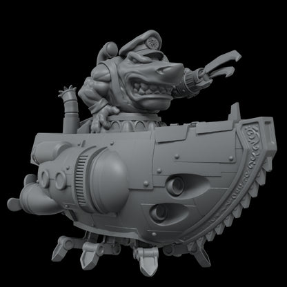 A gray 3D model of a muscular shark creature in a captain's cap, piloting a saw-blade submarine, raising a claw.