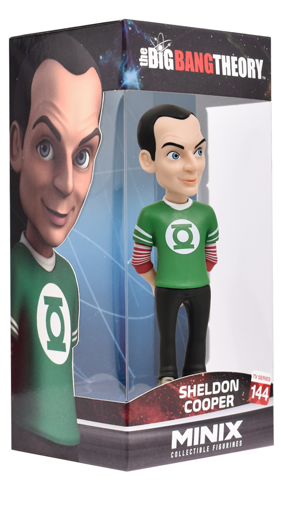 Sheldon Cooper collectible figurine from The Big Bang Theory dressed in a green Lantern t-shirt with red and white striped sleeves in clear display box