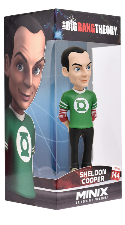 Sheldon Cooper collectible figurine from The Big Bang Theory dressed in a green Lantern t-shirt with red and white striped sleeves in clear display box
