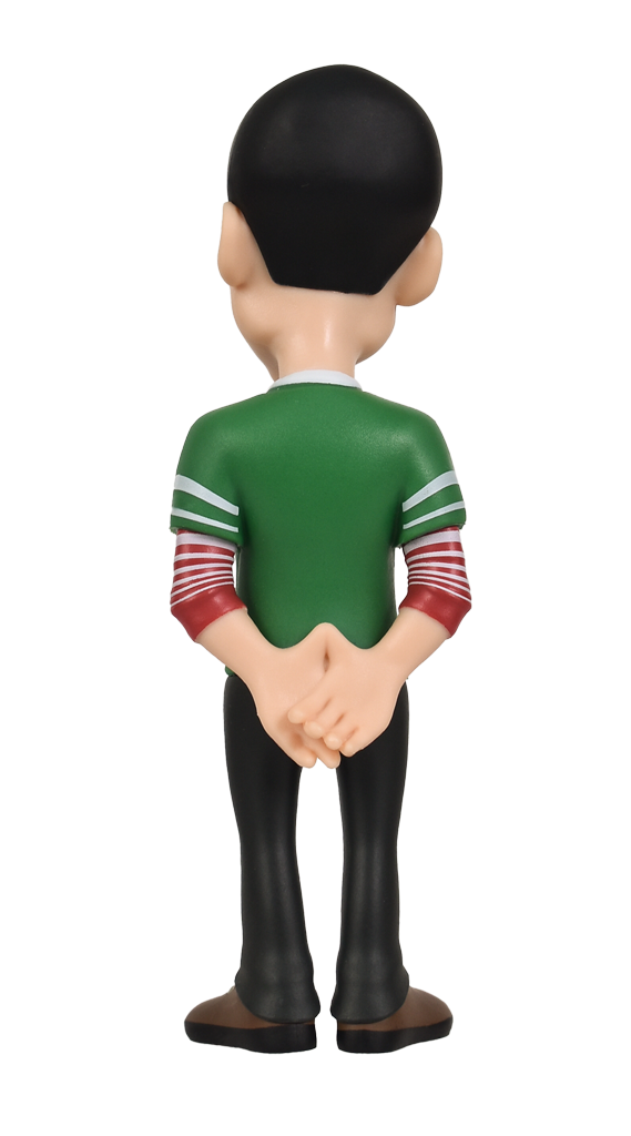 Back view of Minix Big Bang Theory Sheldon Cooper 144 collectible figure in green Lantern t-shirt black pants and brown shoes