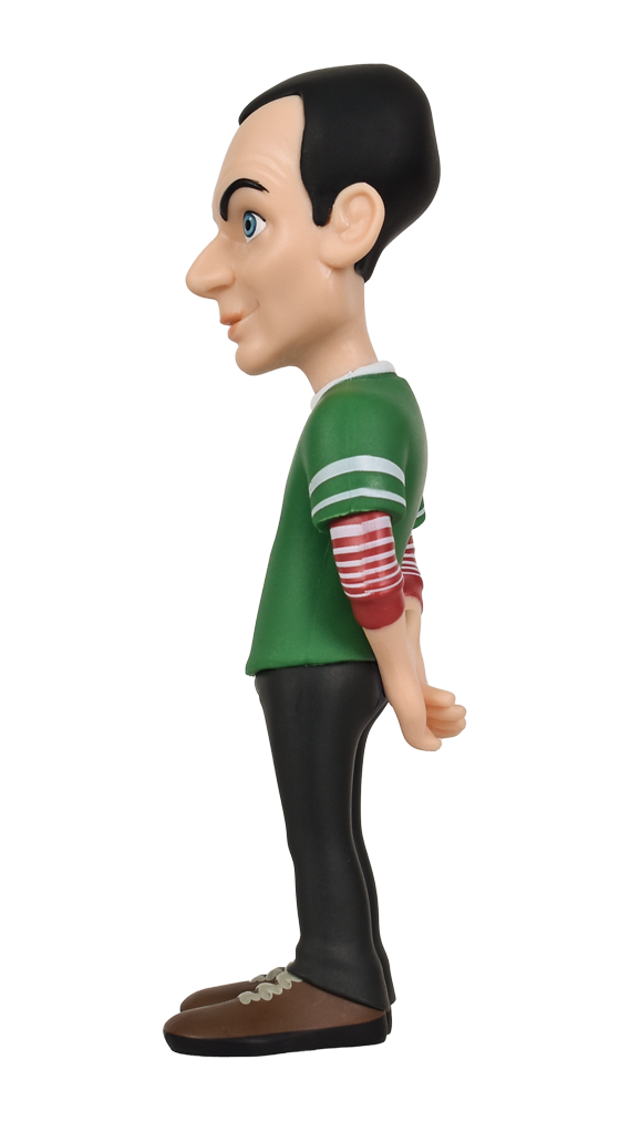 Side view of Minix Big Bang Theory Sheldon Cooper 144 collectible figure in green Lantern t-shirt black pants and brown shoes