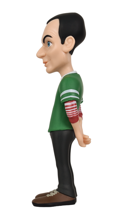 Side view of Minix Big Bang Theory Sheldon Cooper 144 collectible figure in green Lantern t-shirt black pants and brown shoes