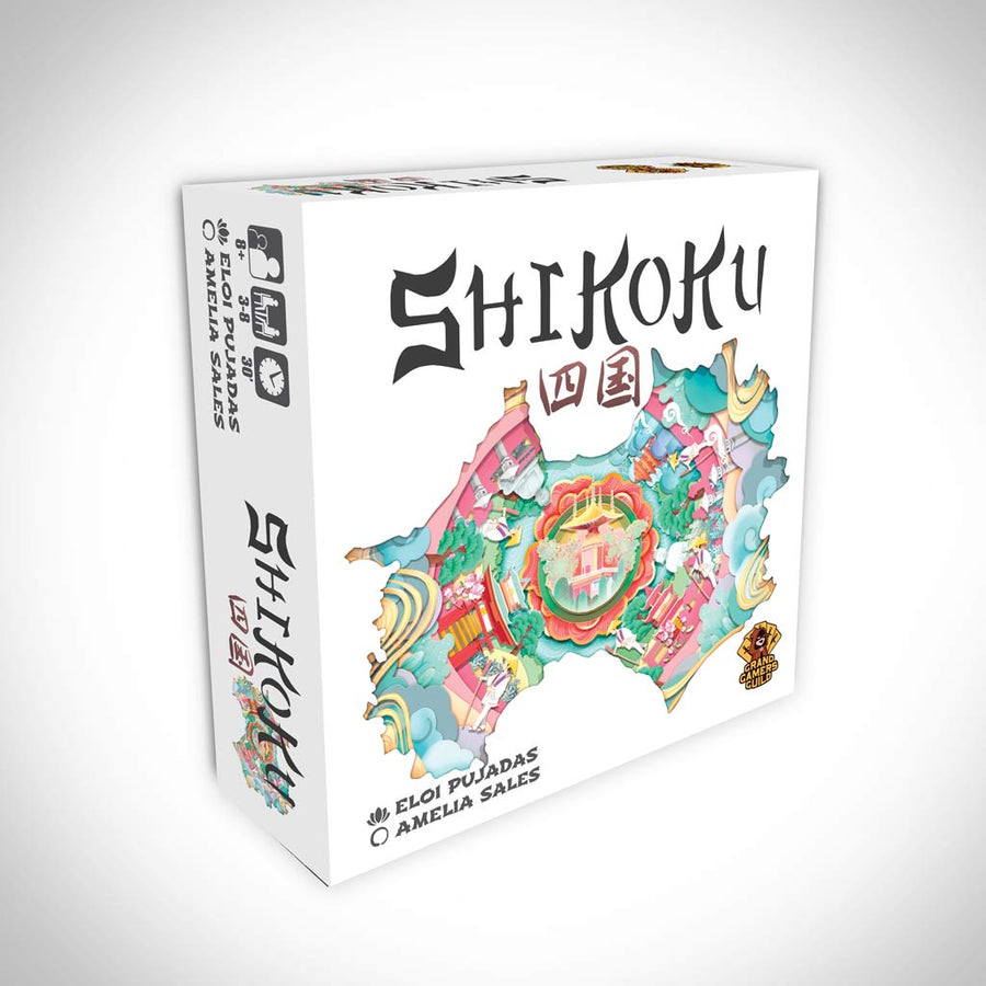 White board game box titled "SHIKOKU", featuring a colourful, stylized map of the Japanese island with temples and buildings