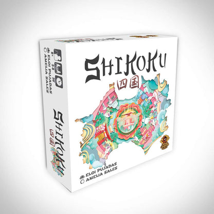 White board game box titled "SHIKOKU", featuring a colourful, stylized map of the Japanese island with temples and buildings
