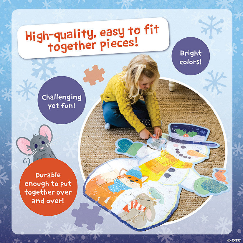 Close-up of snowman floor puzzle pieces with glitter detail