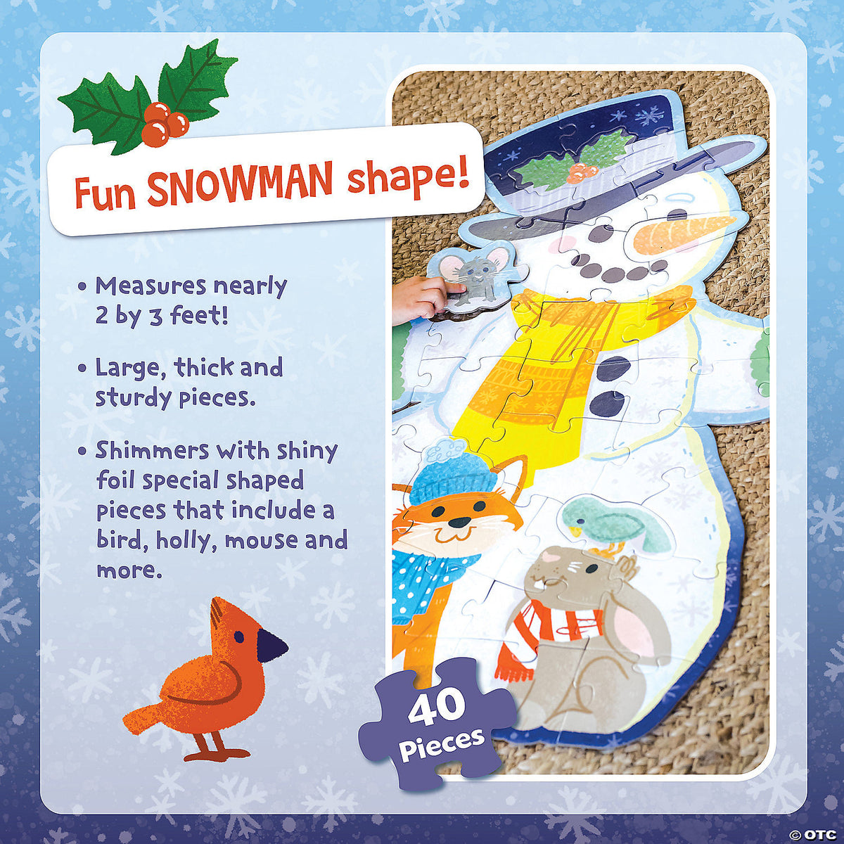 Child’s hands assembling snowman floor puzzle on carpet