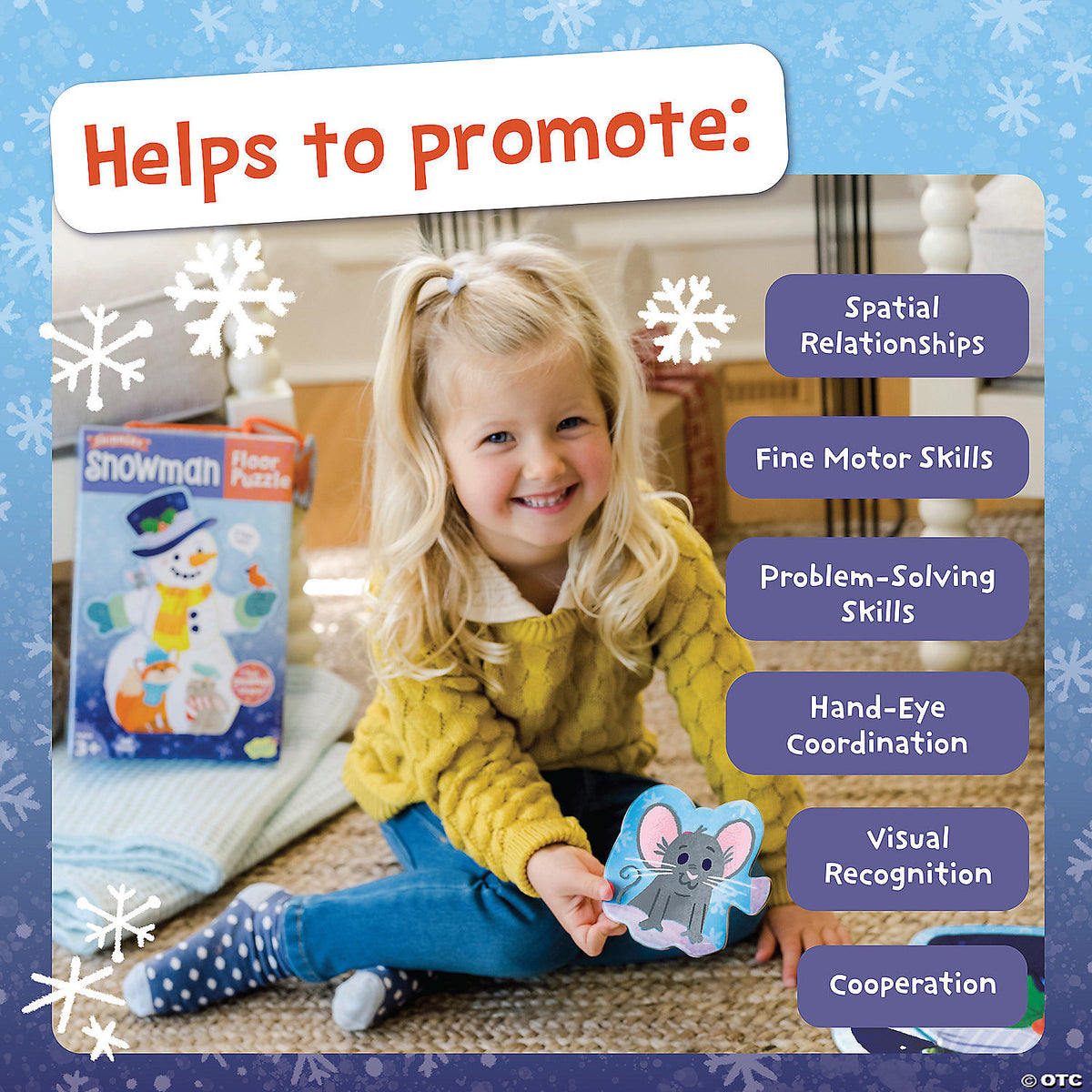 Child playing with assembled snowman floor puzzle on floor