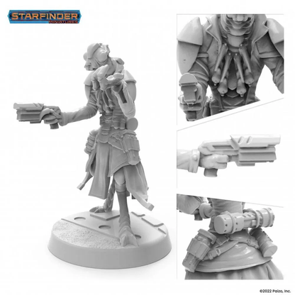 Unpainted grey Starfinder Shirren Operative miniature holding a pistol in its right hand and gesturing forward with its left