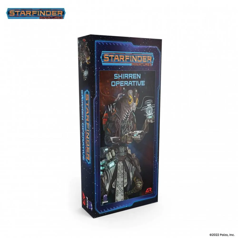 Starfinder Miniatures Shirren Operative box. Features an alien operative holding a futuristic gun and a glowing data device