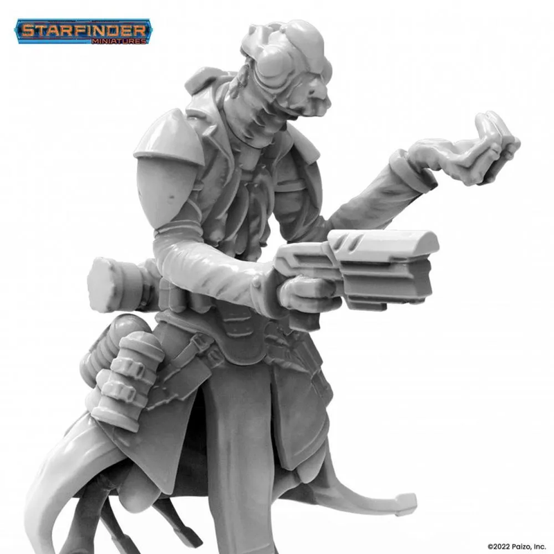Unpainted gray Starfinder Shirren Operative miniature with a pistol and open, cupped hand