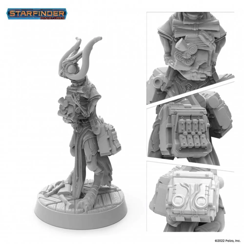 Unpainted Starfinder Shireen Scholar miniature: a grey alien figure with curved horns and a detailed backpack, standing on a textured base