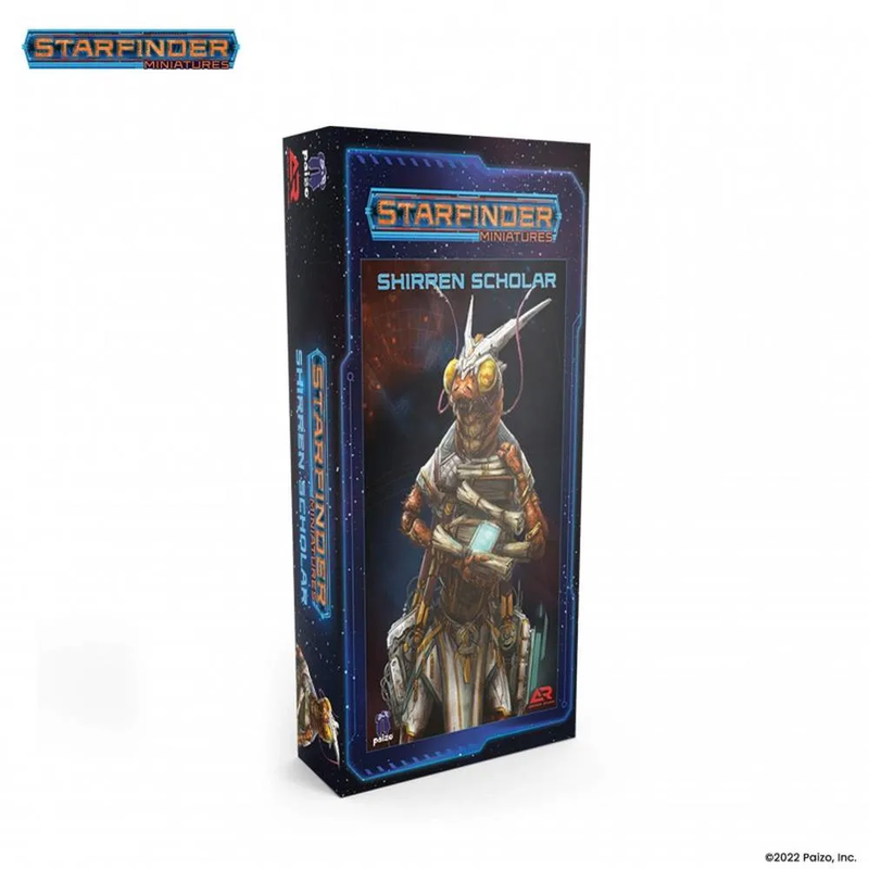 Starfinder Miniatures box featuring a Shirren Scholar, an insectoid alien with bandages holding a glowing tablet