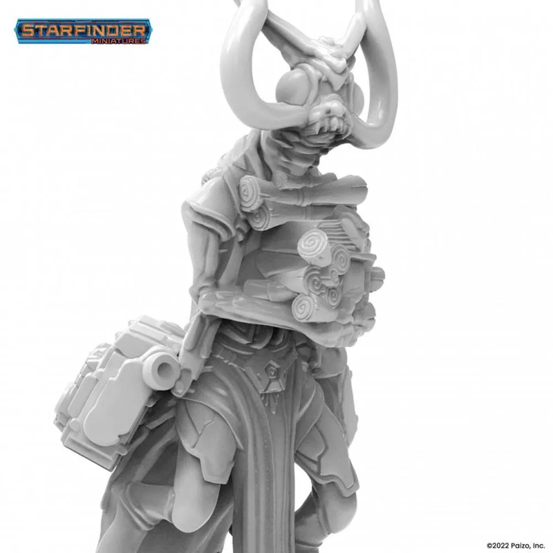 Unpainted Starfinder Shireen Scholar miniature: a horned insectoid alien in ornate armor, holding a large sidearm