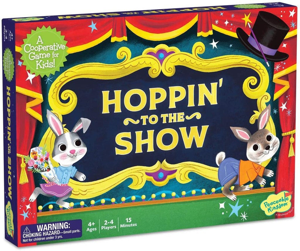 Peaceable Kingdom Hoppin' to the Show Cooperative Kids Game box featuring rabbits on stage