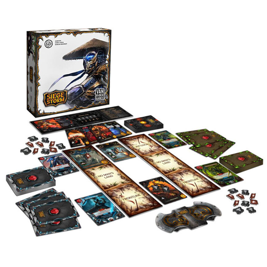 Siege Storm board game components spread out: box with futuristic warrior, various cards, tokens, and game boards