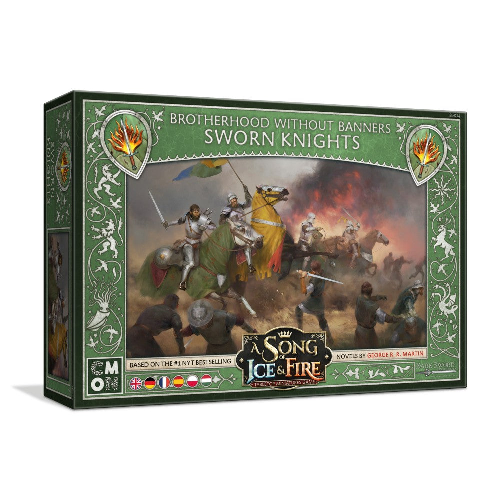 Game box for A Song of Ice &amp; Fire: Brotherhood Without Banners Sworn Knights, showing knights in a fiery battle