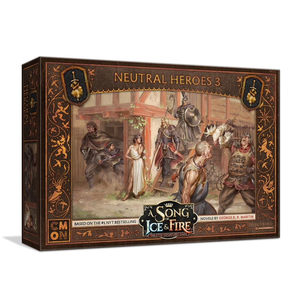 A Song of Ice & Fire: Neutral Heroes 3 game box, featuring an illustration of diverse fantasy characters in a village
