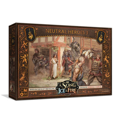 A Song of Ice & Fire: Neutral Heroes 3 game box, featuring an illustration of diverse fantasy characters in a village