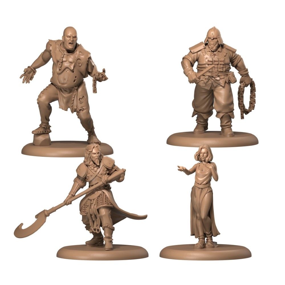Four unpainted tan fantasy miniatures: a chained brute, an armored warrior, a polearm fighter, and a gesturing woman