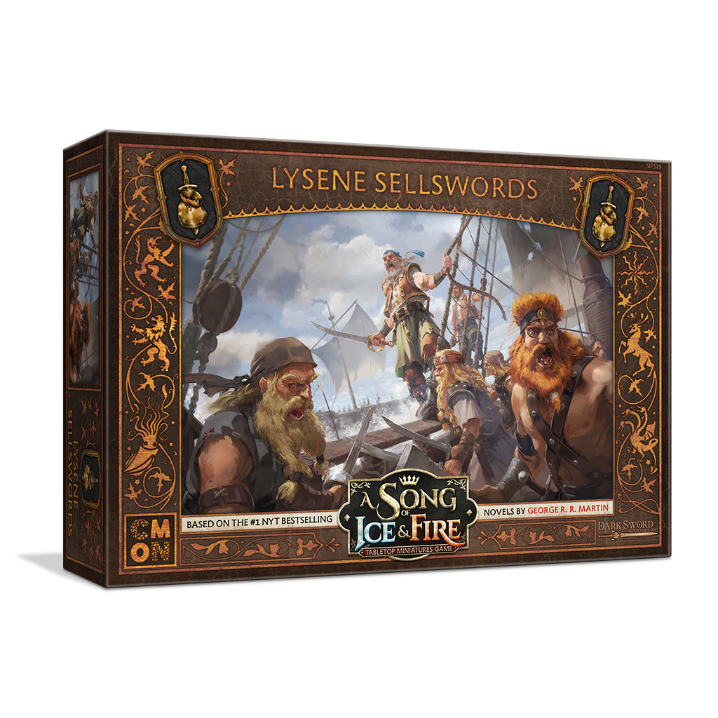 Lysene Sellswords game box for A Song of Ice & Fire, depicting bearded warriors fighting on a ship at sea