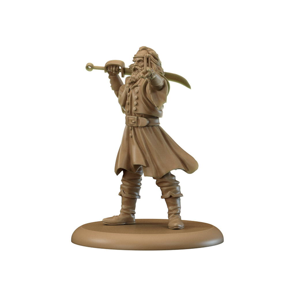 Unpainted miniature of a bearded man in a coat, aiming a spyglass and pointing forward