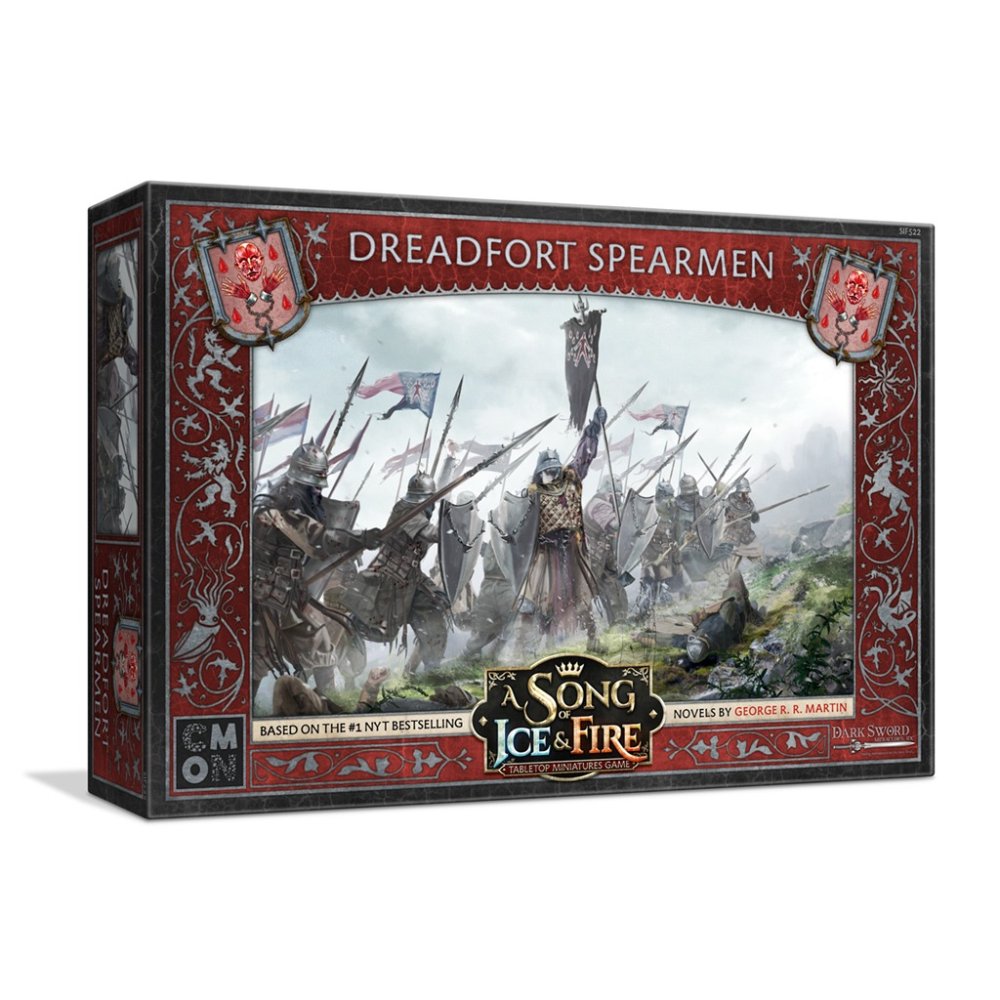 Game box for A Song of Ice & Fire: Dreadfort Spearmen, showing armored spearmen with shields and banners charging