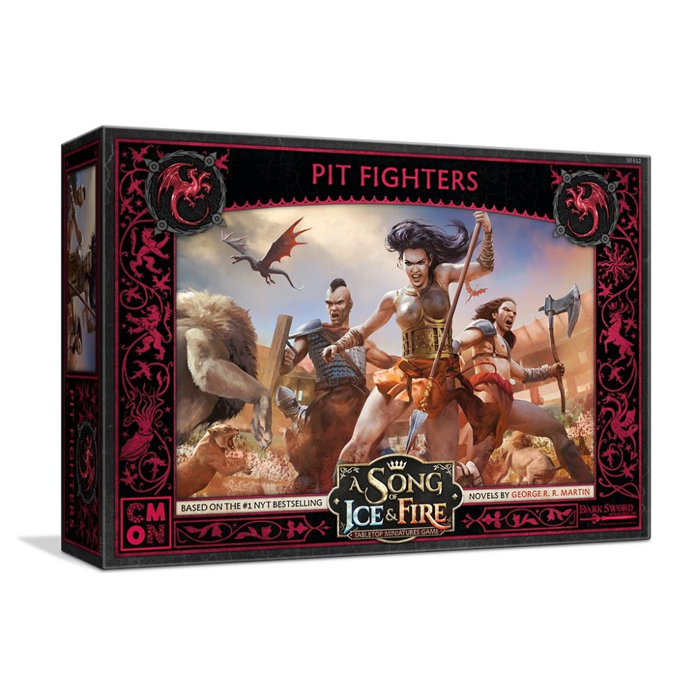 Game box for A Song of Ice & Fire: Pit Fighters. Art shows a fierce female warrior, men, a beast, and a small dragon fighting