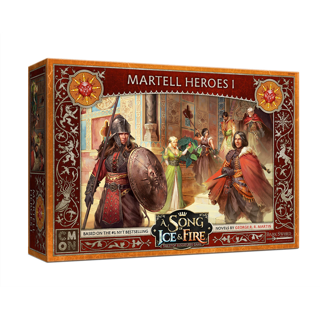 Martell Heroes I tabletop game box from A Song of Ice & Fire, featuring fantasy characters including an armored warrior
