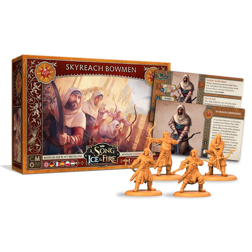 A Song of Ice &amp; Fire: Skyreach Bowmen miniatures game expansion, featuring box, cards, and four orange archer figures