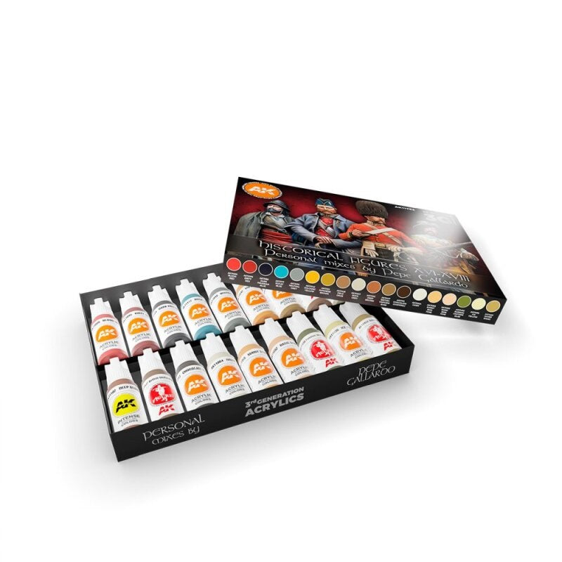 AK Interactive 3rd Gen acrylic paint set, "Historical Figures" edition, with 16 bottles of colors in a black tray