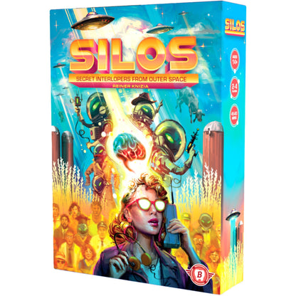 Silos board game box art depicting a secret alien invasion on a farm, featuring UFOs, floating brains, disguised aliens, and a woman holding a radio