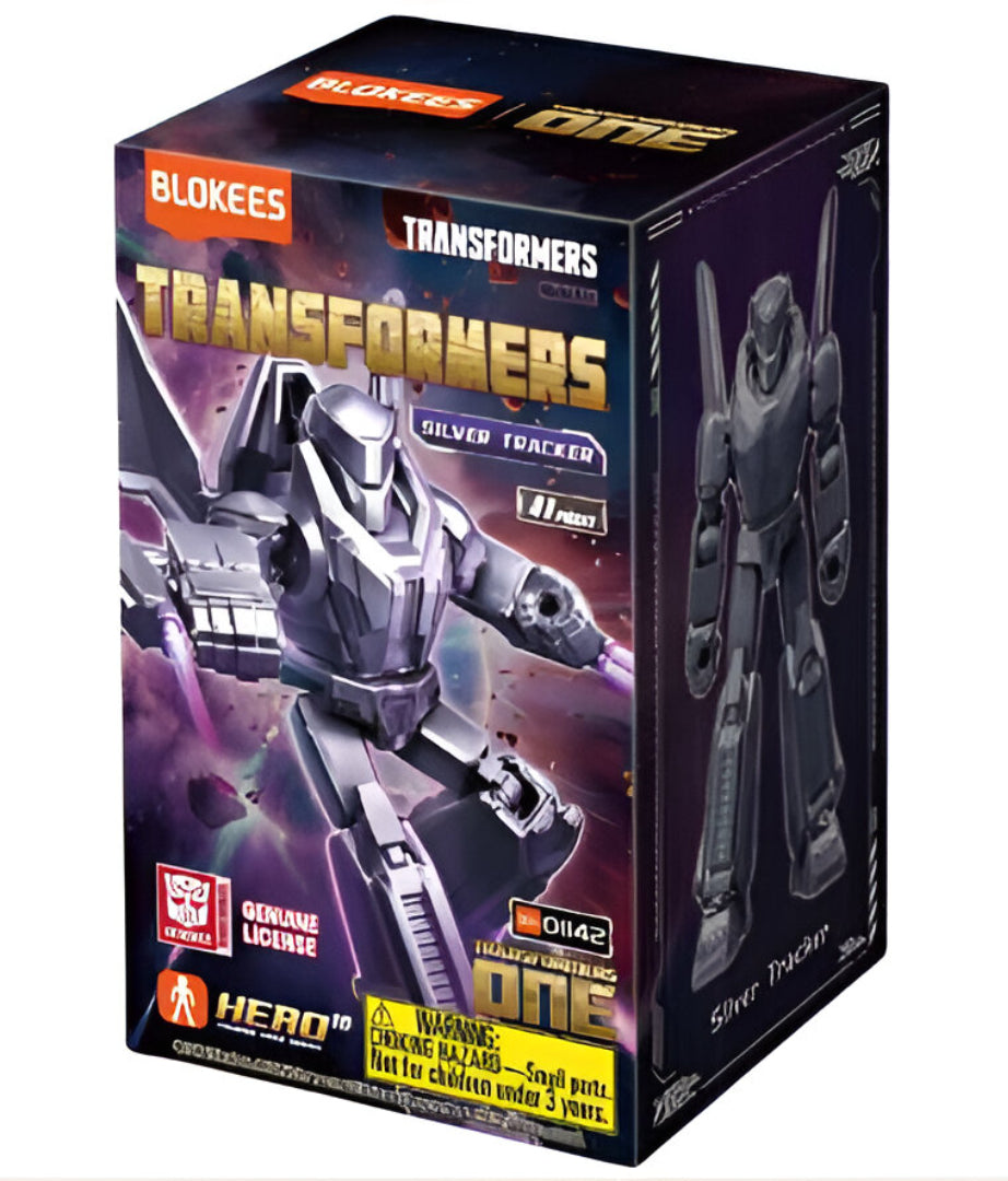 Box for a Blokees Transformers "Silver Tracker" model kit, featuring the silver robot character illustration
