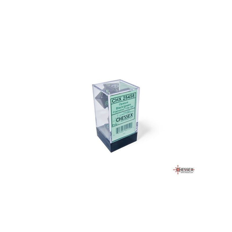 Chessex Opaque Black/Green Polyhedral 7-Die Set in a clear display case