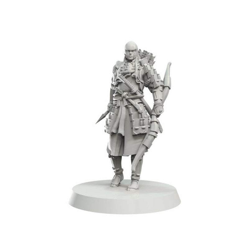 Grey armored warrior miniature holds a longbow and spear, with a sword at hip