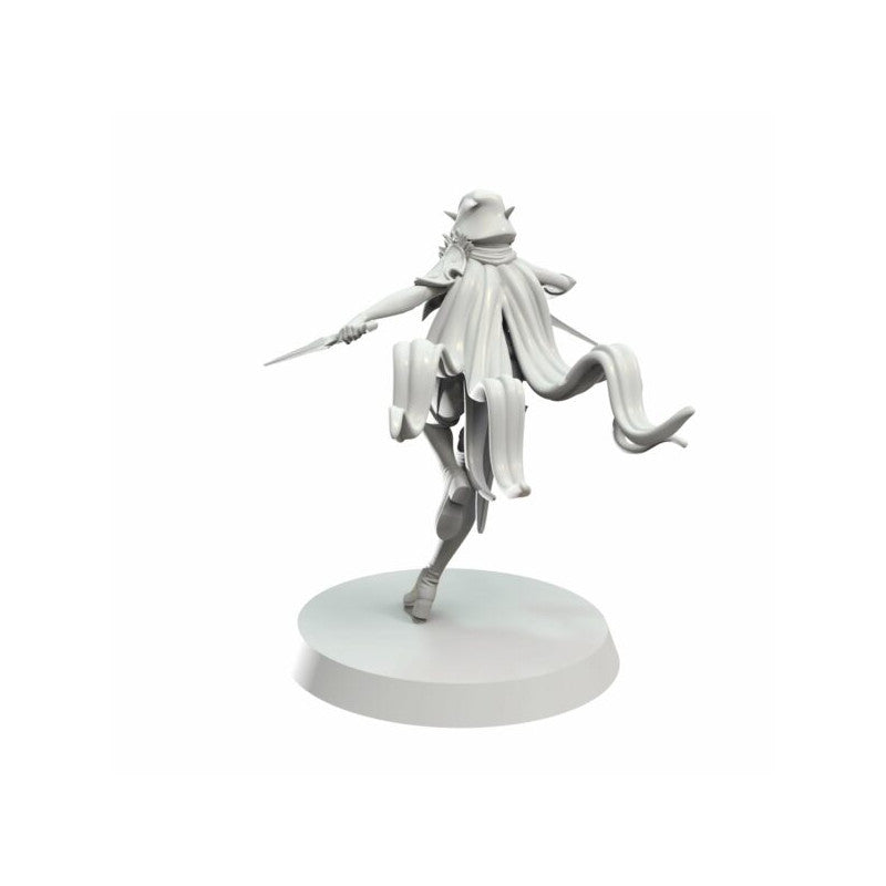 Grey miniature of an elven rogue leaping, holding a dagger with a flowing cape, on a round base.