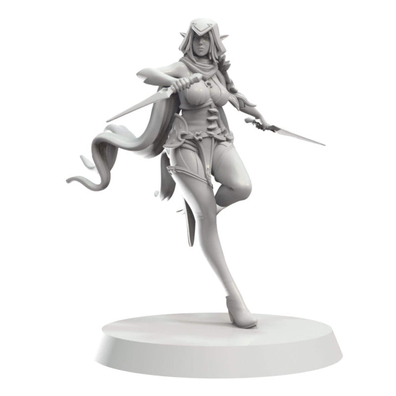 An unpainted hooded female elf miniature, lunging dynamically with two daggers.